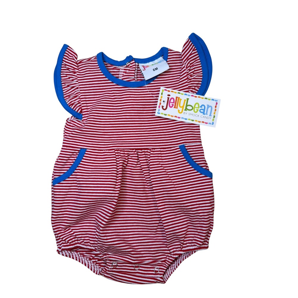 Jellybean Baby Girl Red White Stripe Flutter Sleeve Bubble Romper 6M Cotton